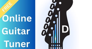 Free online guitar tuner graphic showing a guitar headstock with tuning pegs and a blue string for D note.