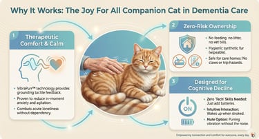 Infographic showing the 3 main benefits of the Joy For All robotic cat: VibraPurr technology for anxiety, zero-risk ownership