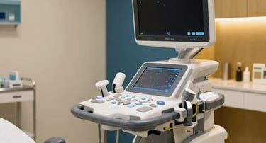 A modern, advanced diagnostic ultrasound machine in a pristine treatment room at Mater Dei Specialist Hospital in Enugu. Sleek clinic interior with polished finishes, hints of deep blue and gold on the walls, warm soft lighting.