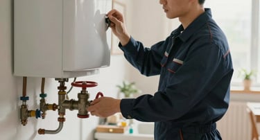 A professional technician in a clean navy uniform neatly adjusting a boiler valve in a bright, well-lit home utility room, clean tools laid out on a protective drop cloth, warm natural lighting, medium shot.