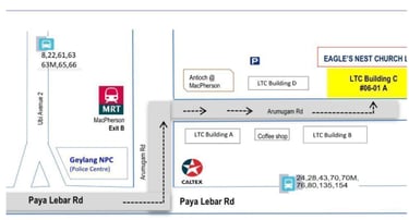 Map of how to reach Eagle's Nest Church from MacPherson MRT