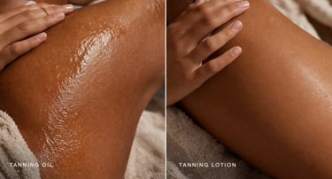Comparison of glossy tanning oil and smooth tanning lotion applied to sun-kissed skin.