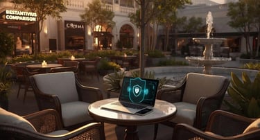 High-end café terrace with laptop on public Wi-Fi, neon shield security, urban environment and antivirus protection concept