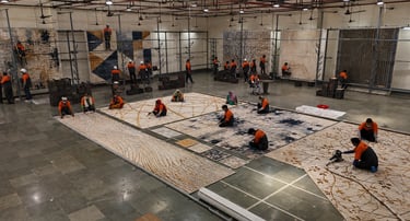 Workers in an industrial facility finishing handmade designer area rugs and luxury carpets.