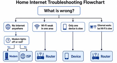 Flowchart showing whether to check the modem, router, device, or ISP for internet problems.