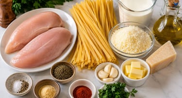 Raw chicken breasts, fettuccine pasta, Parmesan cheese, butter, garlic, heavy cream, olive oil, pars