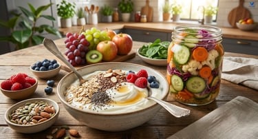 The image displays a kitchen counter with colorful, high-protein foods such as yogurt, oats, and nut