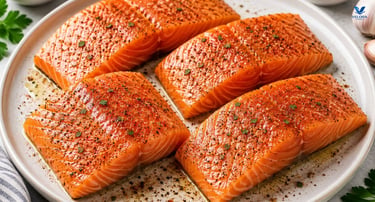 Seasoned salmon fillets ready for cooking.