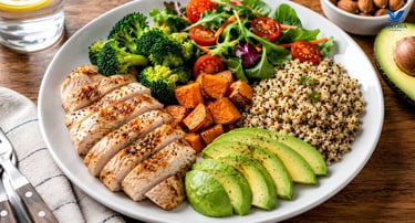 A balanced plate highlighting protein, vegetables, healthy fats, and whole grains.