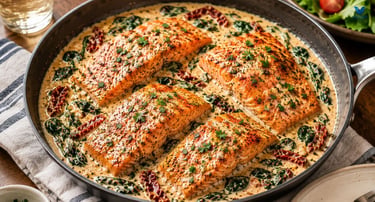 Creamy Tuscan salmon served in a skillet with fresh parsley.