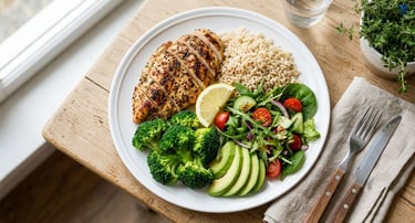 Balanced meal with grilled chicken, brown rice, steamed broccoli, avocado slices, mixed salad