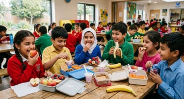 The image depicts a school lunch where children are eating healthy snacks.