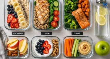 Healthy food prep containers with breakfast, lunch, dinner and snacks.