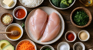 a variety of fresh ingredients used in preparing homemade Hot Honey Chicken Bowls.