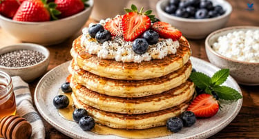 fluffy-cottage-cheese-protein-pancakes-with-blueberries-strawberries-and-maple-syrup