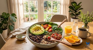 High fiber breakfast bowl: Black beans, quinoa and avocado.