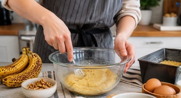 Mashed ripe bananas used to make banana bread batter.