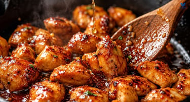 Skillet of chicken with hot honey garlic glaze.