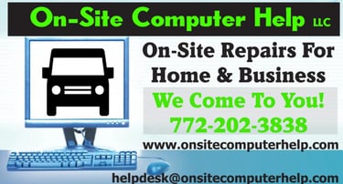 On-Site Computer Help advertisement offering home and business PC repairs with contact details.