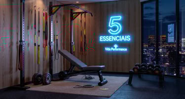 Guia 5 Essenciais Vida Performance: banco, halteres, elásticos e corda em home gym moderno 2026