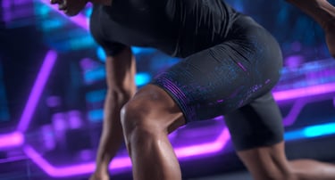 Close nas pernas de atleta fazendo agachamento com bermuda técnica e luzes neon.