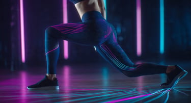 Pernas de atleta em legging azul de alta compressão, com luzes neon e efeitos de suporte.