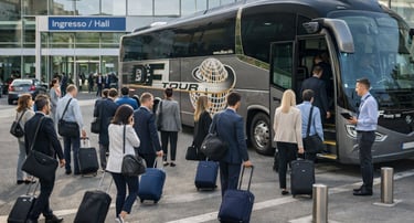 Gruppo aziendale in partenza su autobus con conducente per fiera o evento business