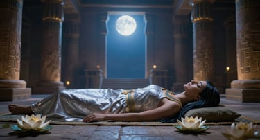 Woman lying peacefully in Egyptian-inspired temple with moonlight and floating lotus blossoms