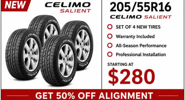 205/55R16 Celimo Salient new tire set available at Fast Tire Shop in Los Angeles. Set of 4 all-seaso
