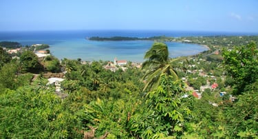Vista panorâmica de Port Antonio, Jamaica, com suas ruas pitorescas e a vegetação exuberante ao redo