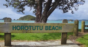 Vista panorâmica da praia de Horotutu Beach com águas cristalinas e areia dourada, Bay of Islands.