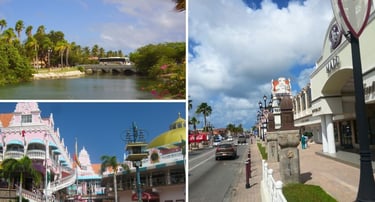 Vista do centro de Oranjestad, Aruba, com suas coloridas fachadas típicas, comércio local.