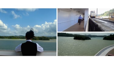 Autora contemplando a travessia do Canal do Panamá