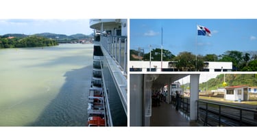 Navio navegando no Canal do Panamá, aproximando-se das eclusas, com a bandeira nacional visível