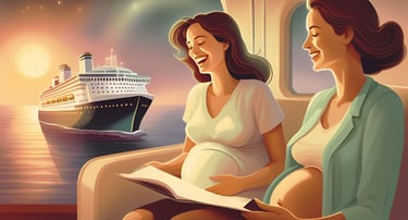 Gestantes trocam experiências sobre cruzeiros, com o oceano e um navio de fundo compondo a cena.