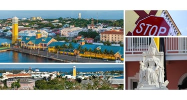Vista de Nassau do mar com casas coloniais amarelas, centro histórico e estátua da rainha