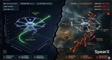 Digital twin drone simulation showing trajectory tracking versus real-world flight instability and sensor data.