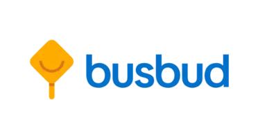 Busbud logo with a blue wordmark and yellow bus stop sign icon on a black background.