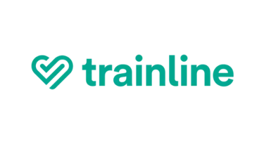 Official Trainline logo featuring a mint green heart icon and wordmark on a black background.