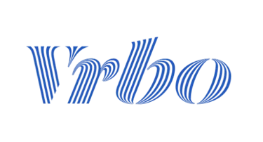 Official blue striped Vrbo logo for vacation rentals and travel bookings on a black background.
