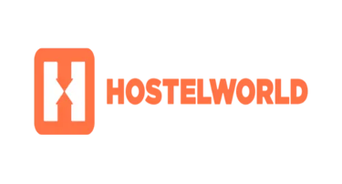 Hostelworld logo with orange letter H icon and text on a black background for travel booking.