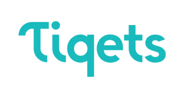 Official Tiqets logo in turquoise text isolated on a black background for travel bookings.