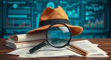 Visualize a detective hat and magnifying glass looking at documents and data.