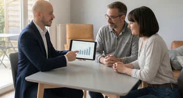 Conseiller immobilier présentant une estimation immobilière à des propriétaires à Élancourt