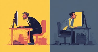 a man sitting at a desk with a computer monitor and a monitor screen