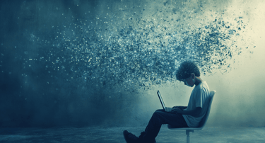 a man sitting on a chair with a laptop computer