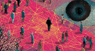 a man walking through a city with a large eyeball