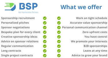 BSP service checklist showing sponsorship, negotiation, communication, and brand growth offerings.