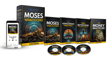 Moses Wealth Code digital training bundle including eBooks, audio CDs, and a smartphone meditation app.