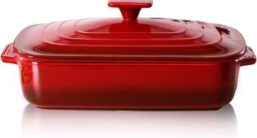 a red casserole dish with a red lid